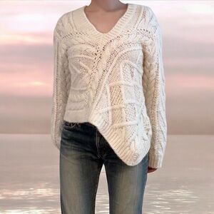 Asymmetric vintage wool cable knit sweater
